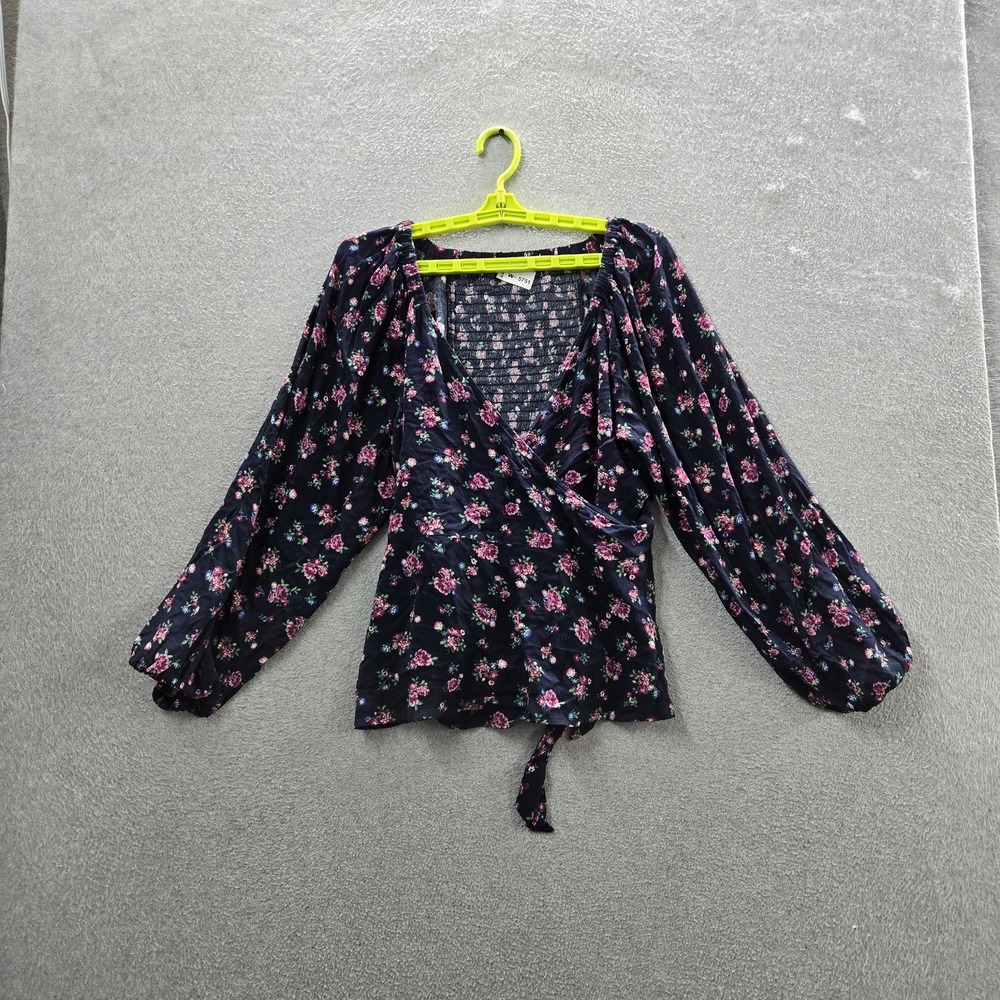 Old Navy Women Blouse L Navy Floral Wrap Tie V-Neck Back Long Sleeve